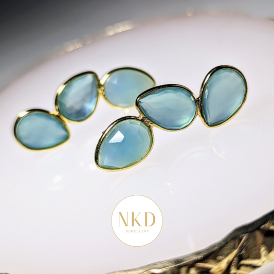 Aqua Chalcedony Stacked Leaves Stud Earrings - NKD Jewellery, made from 925 Sterling Silver, lightweight, dainty