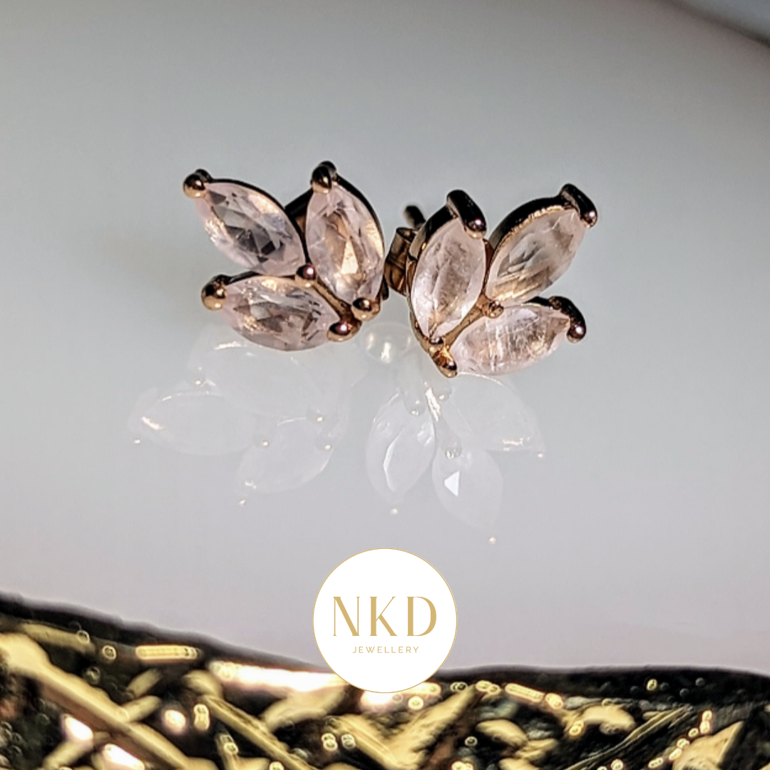 Sofia - Rose Quartz Leaf Stud Earrings in Rose Gold Vermeil – NKD Jewellery