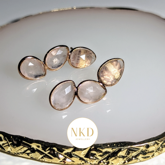 Stacked Leaves Rose Quartz - Rose Gold Stud Earrings