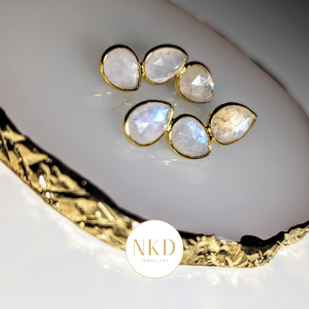 Stacked Leaves Rainbow Moonstone Stud Earrings