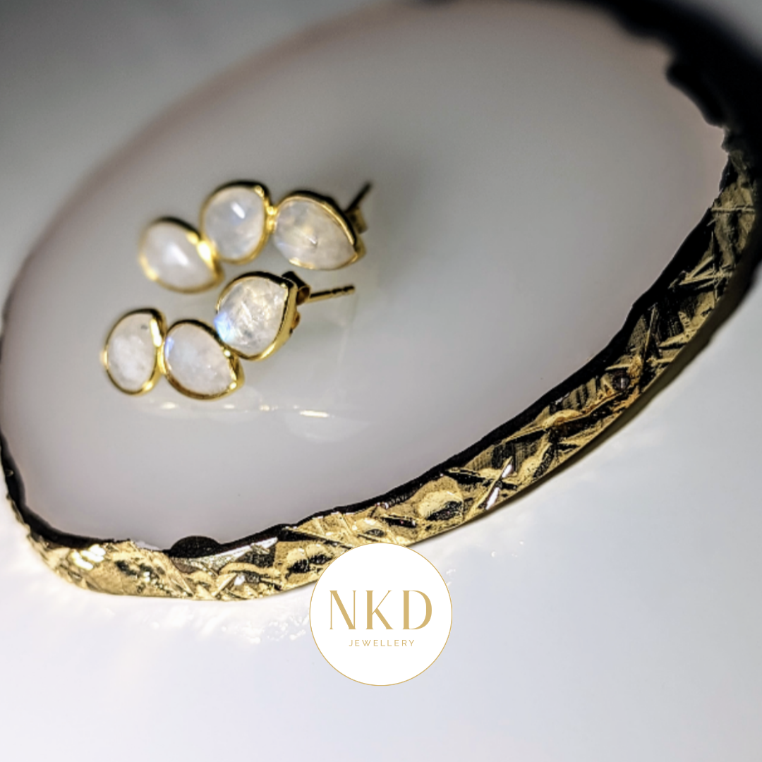 Stacked Leaves Rainbow Moonstone Stud Earrings