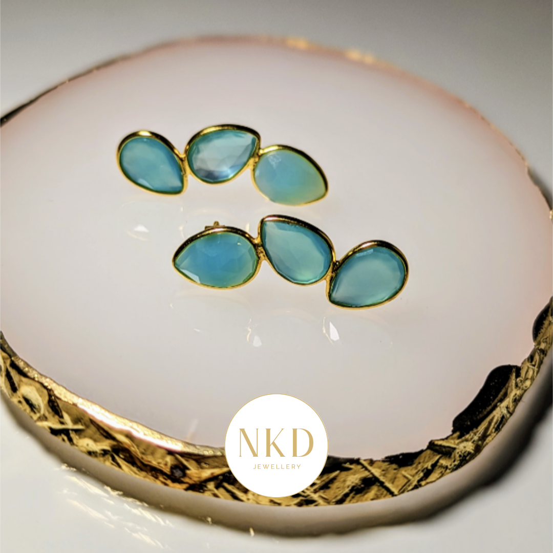 Stacked Leaves Aqua Chalcedony Stud Earrings