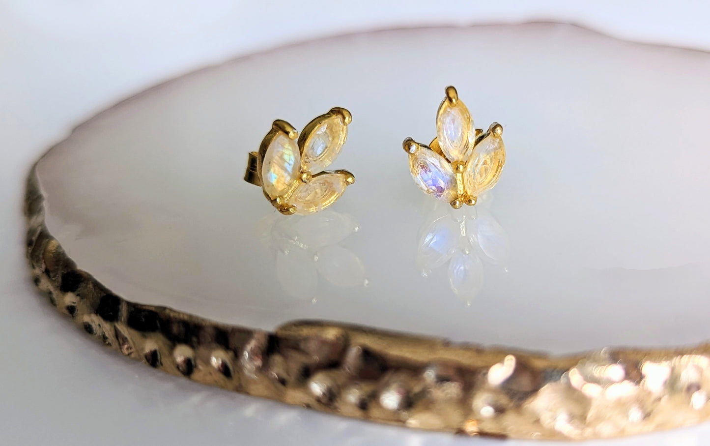Sofia - Rainbow Moonstone Leaf Stud Earrings
