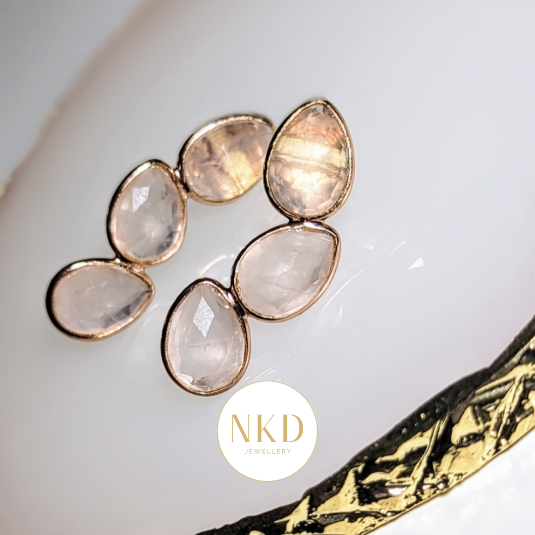 Stacked Leaves Rose Quartz - Rose Gold Stud Earrings
