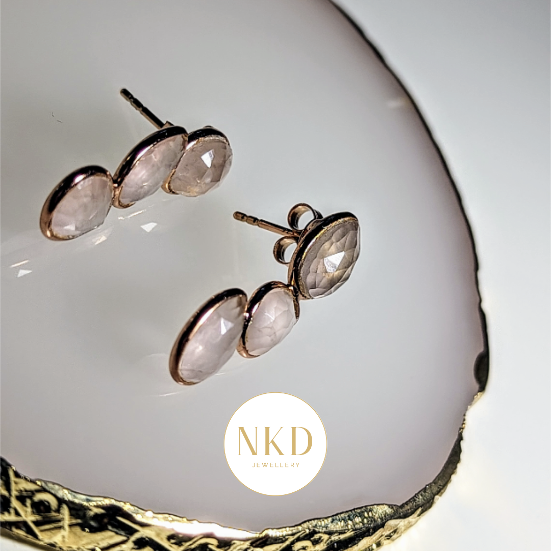 Stacked Leaves Rose Quartz - Rose Gold Stud Earrings