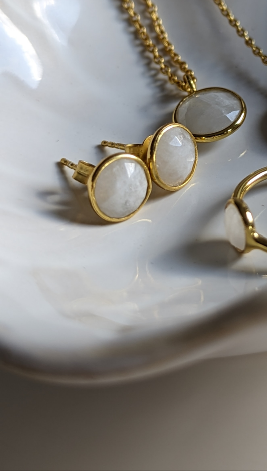 Lisbon - Rainbow Moonstone Round Stud Earrings